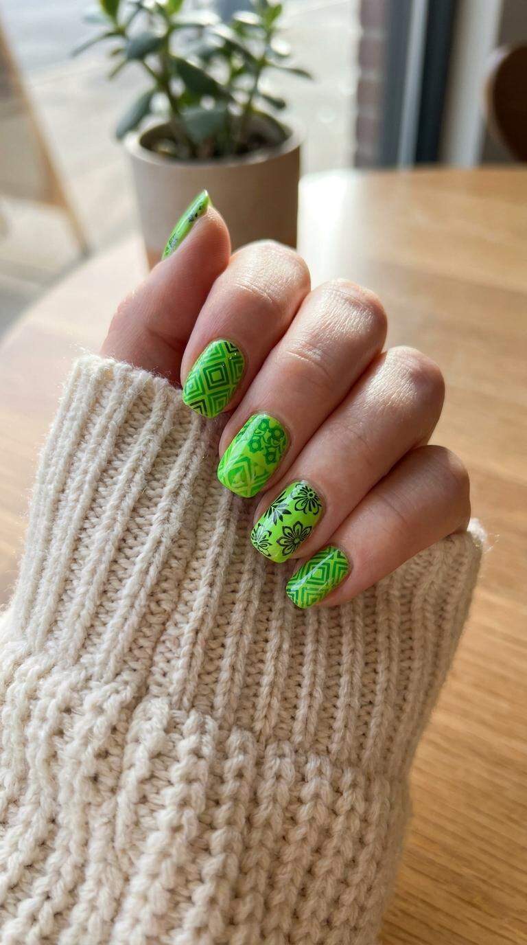 Neon Green Stamping Nails
