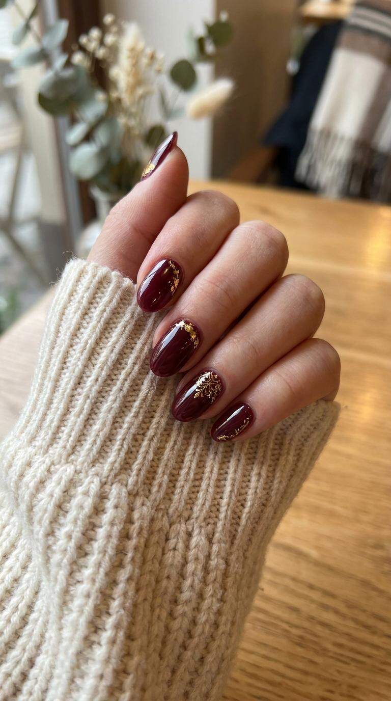 Romantic Burgundy Nails with Golden