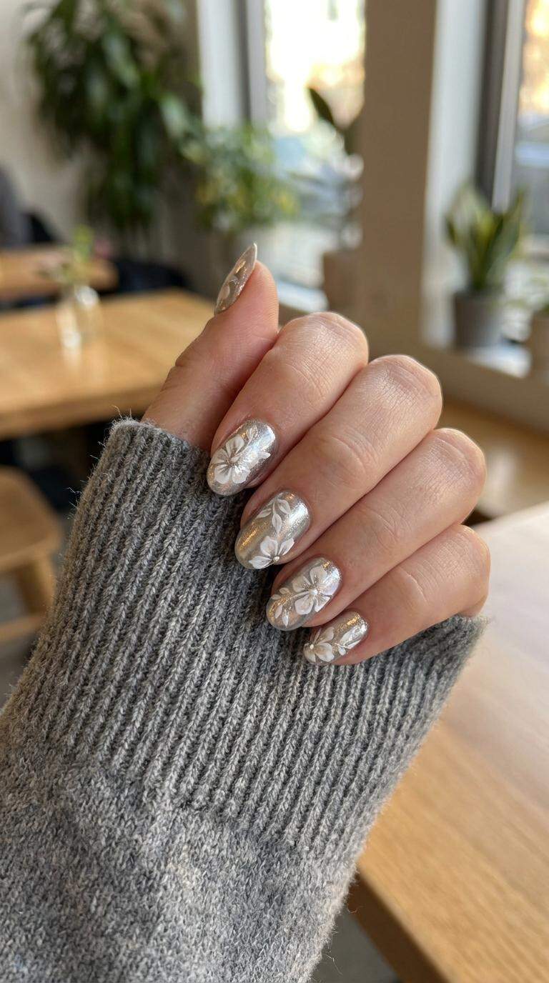Silver Hibiscus Nails