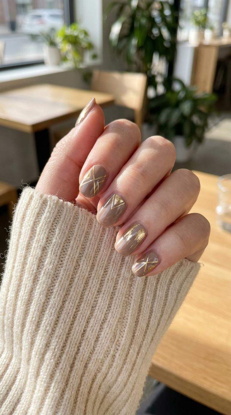 Taupe and Gold Geometric Nails