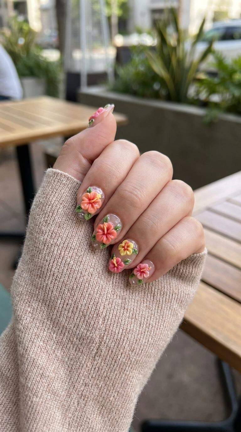 3D Hibiscus Flower Press-On Nails