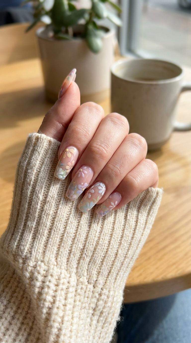 Acrylic Nails with Floral Patterns