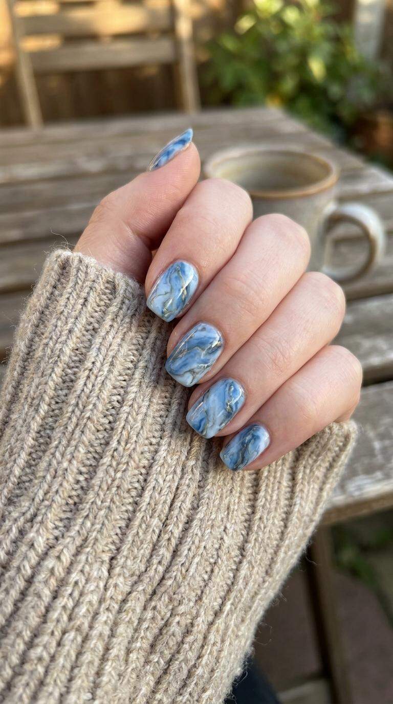 Blue and White Marble Nails