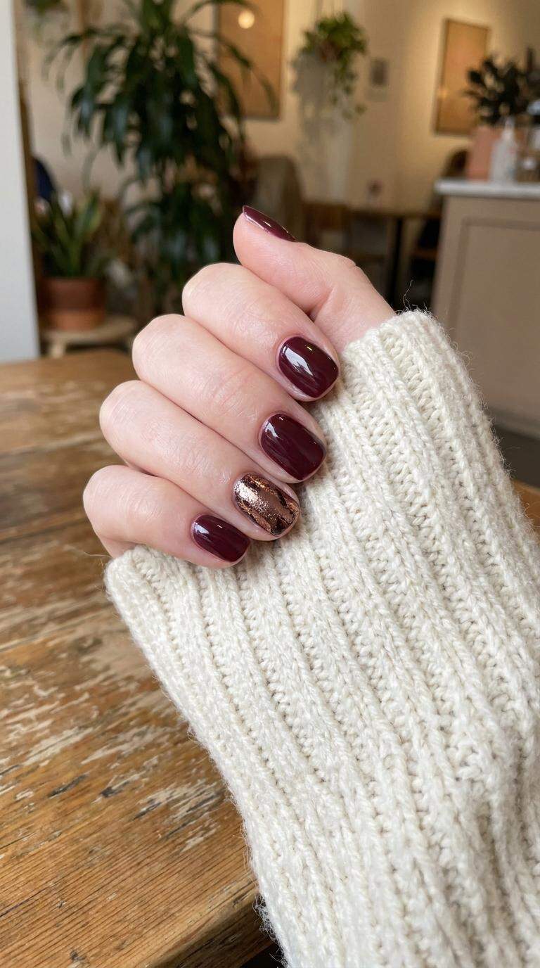 Burgundy and Bronze Accent Nails