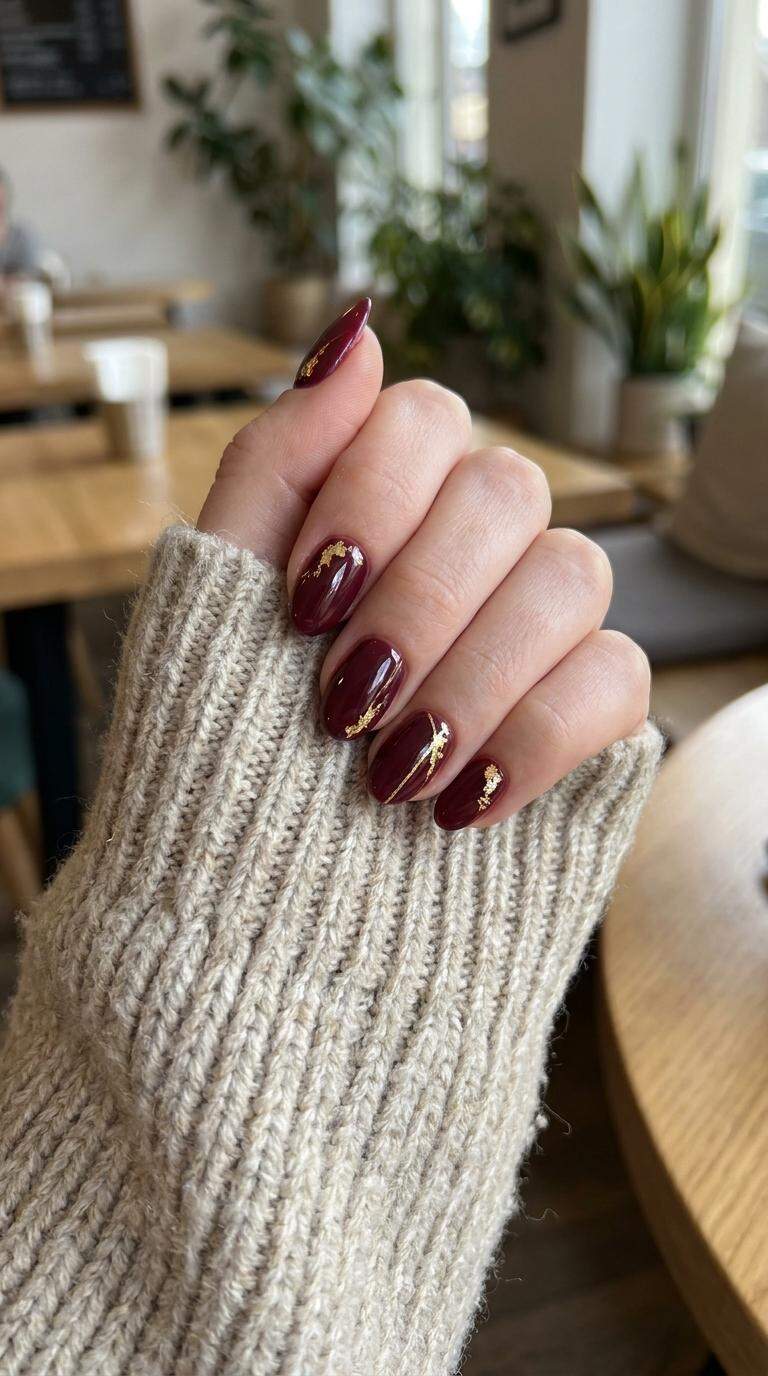 Burgundy and Gold Accented Nails