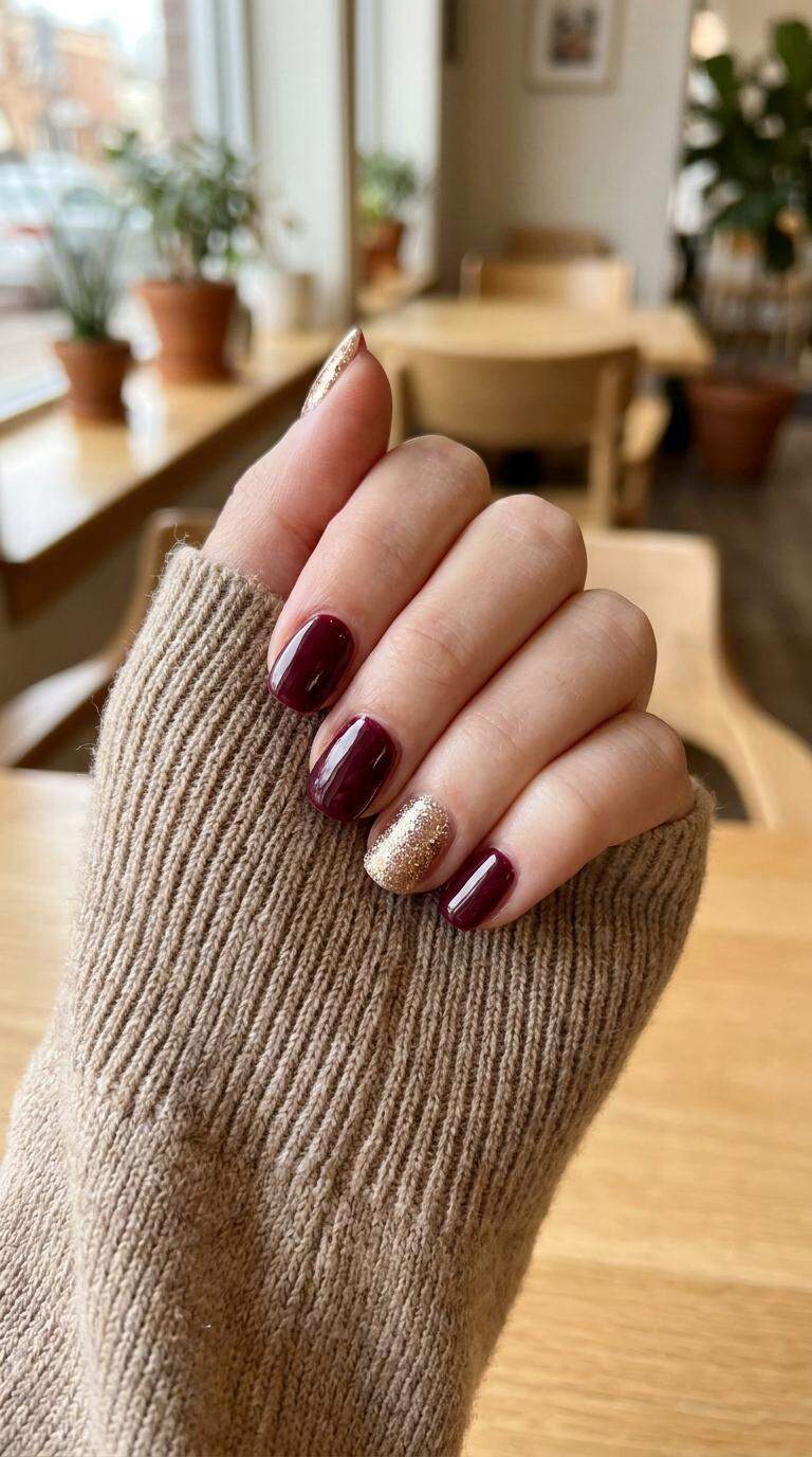 Burgundy and Gold Glitter Nails