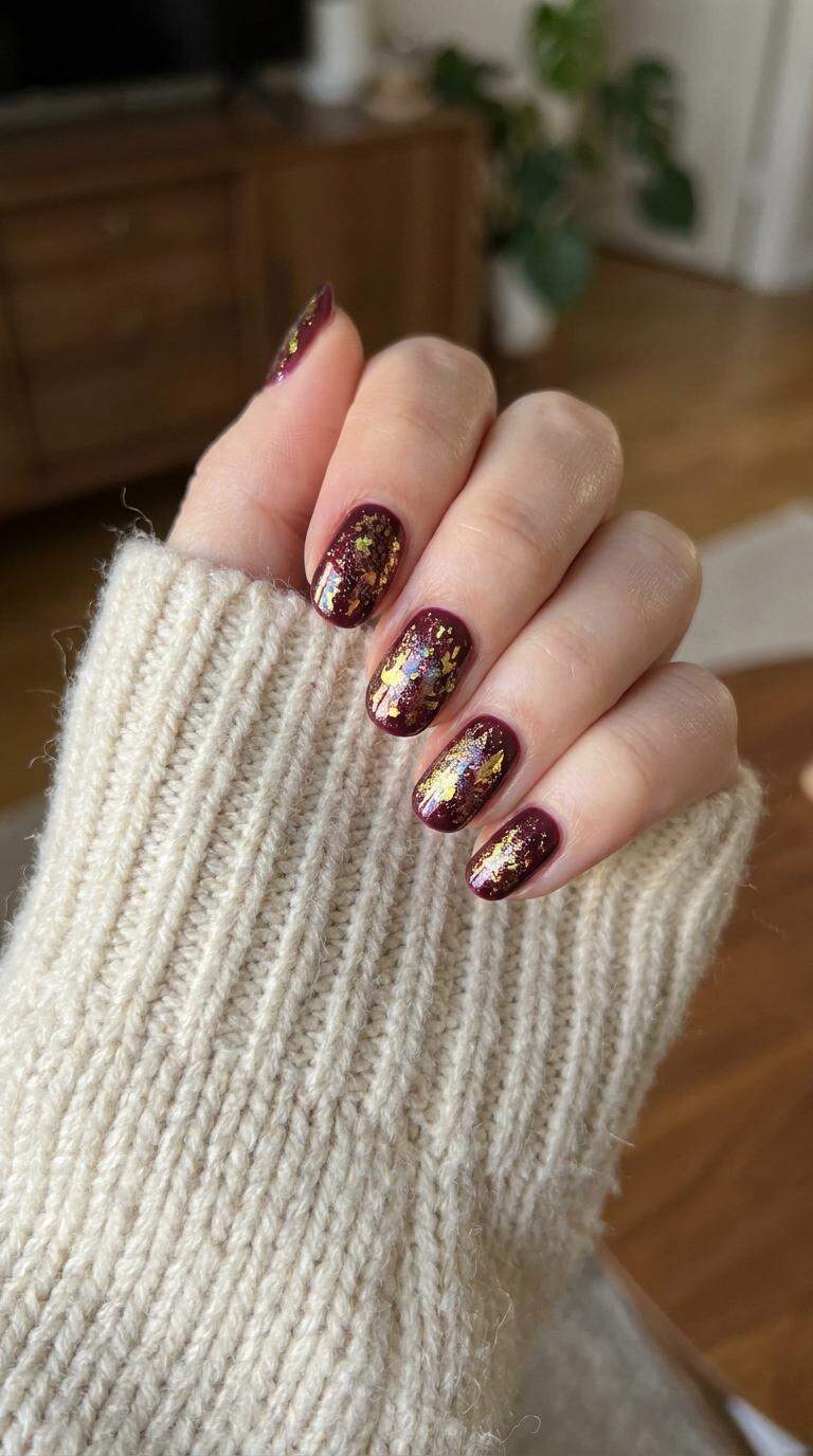 Burgundy and Gold Holographic Nails