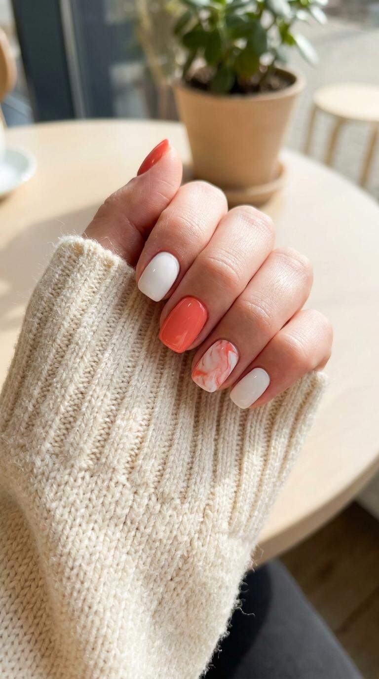 Coral and White Accent Nails
