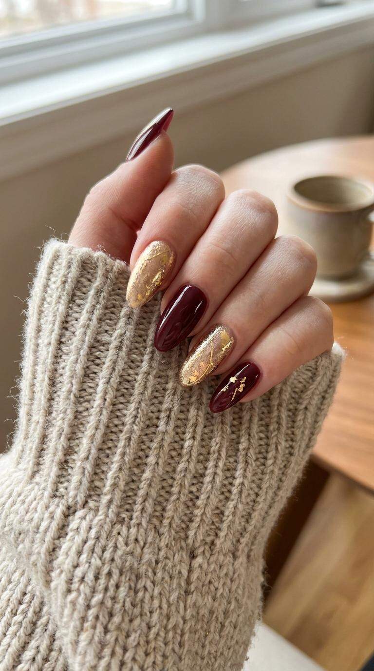 Elegant Burgundy Gold Acrylic Nails
