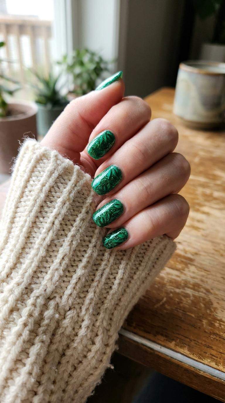 Glittery Emerald Green Leaf Nails