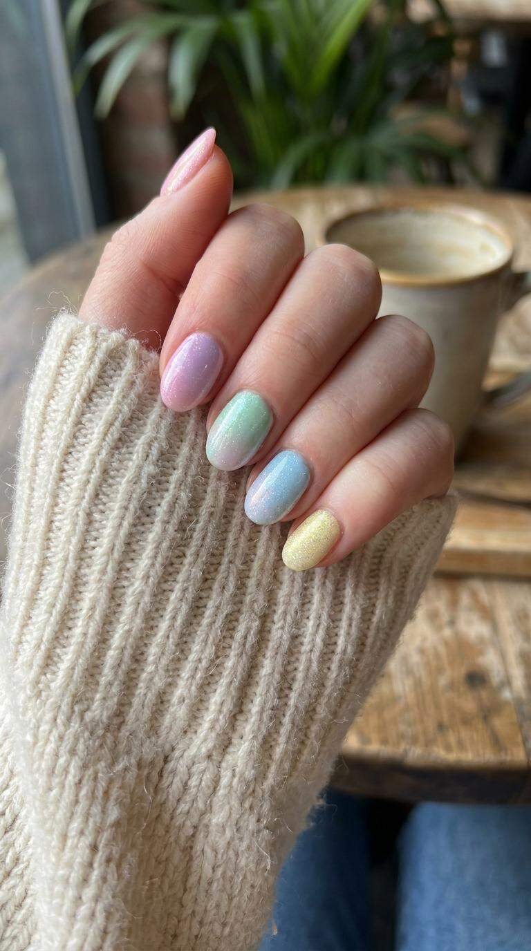 Glittery Pastel Rainbow Nails