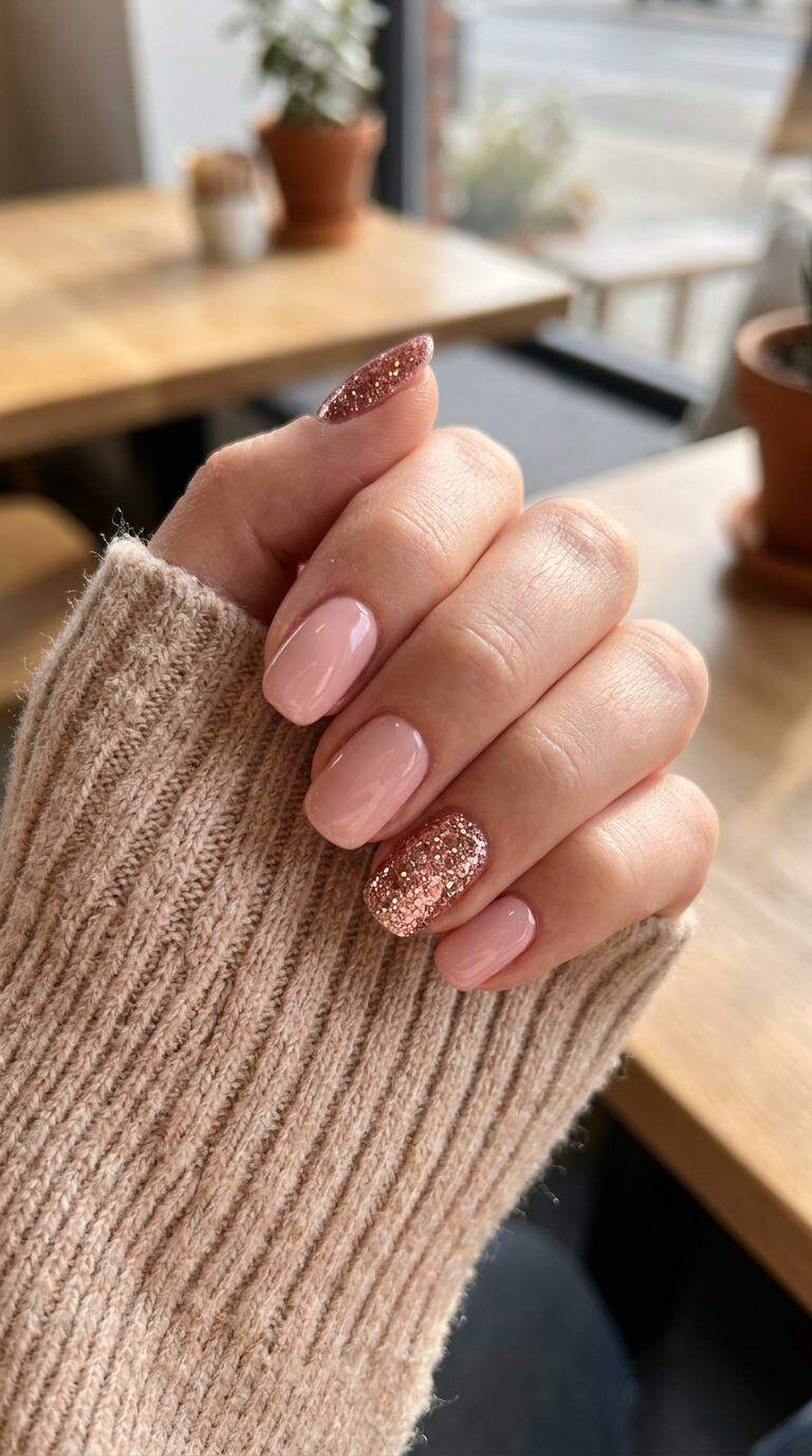 Glittery Rose Gold Accent Nails