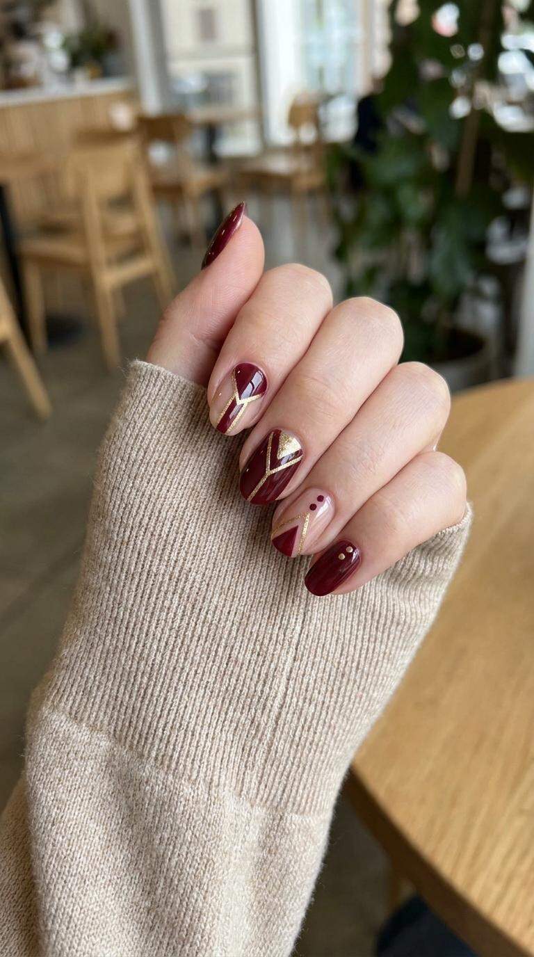 Glossy Burgundy Geometric Nails