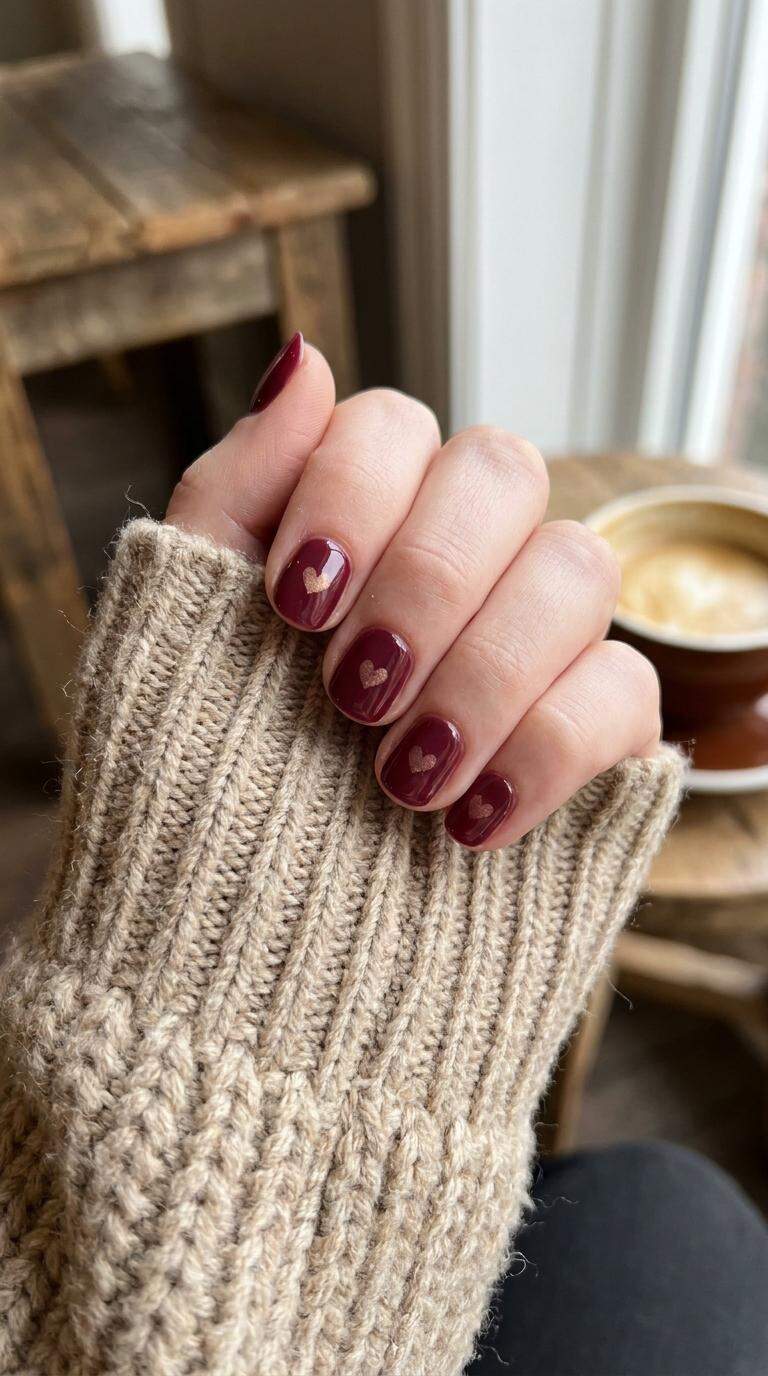 Glossy Burgundy Heart Nails