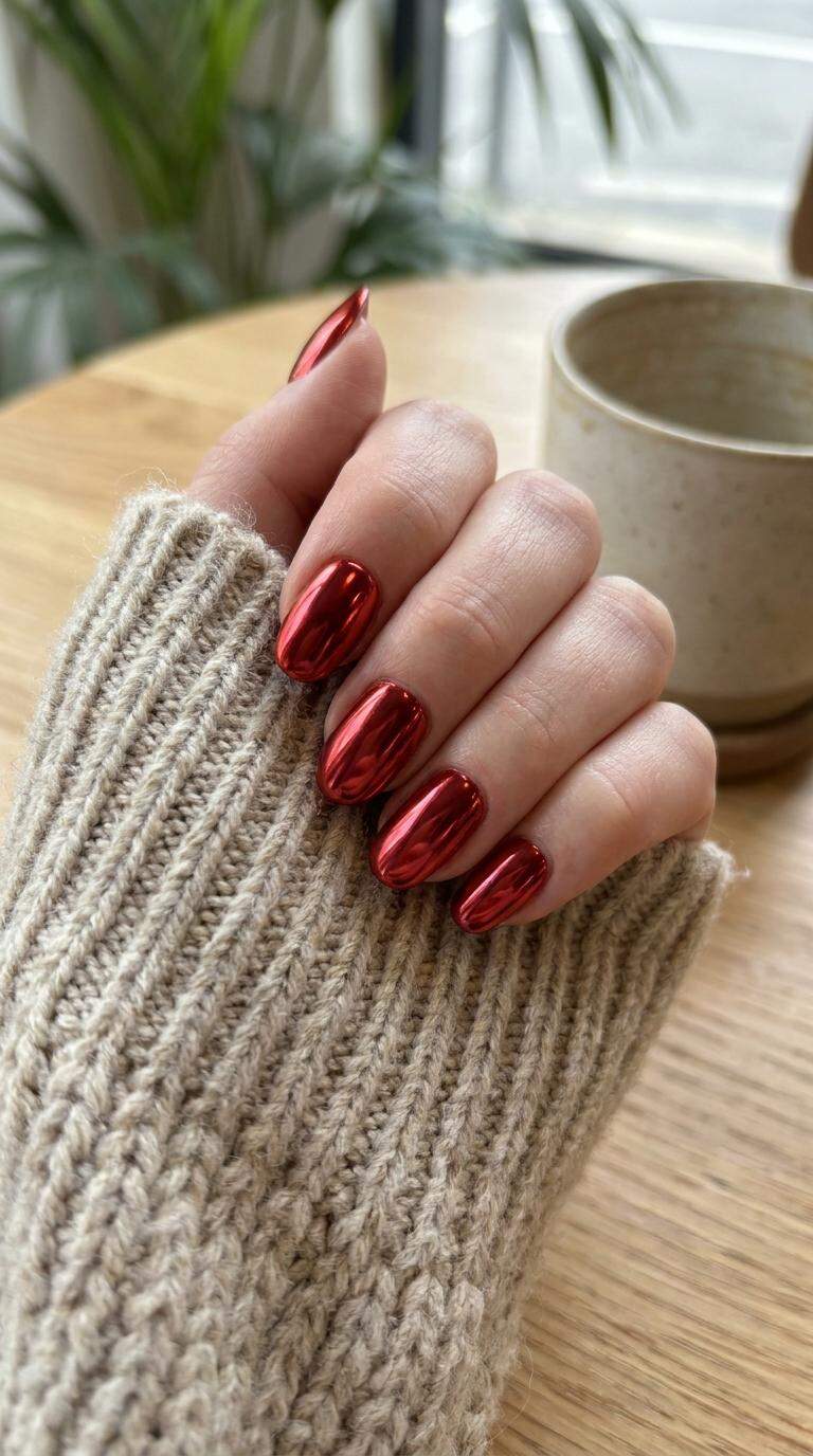 Glossy Red Chrome Nails