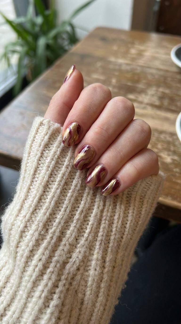 Gold Burgundy Swirl Nail Art