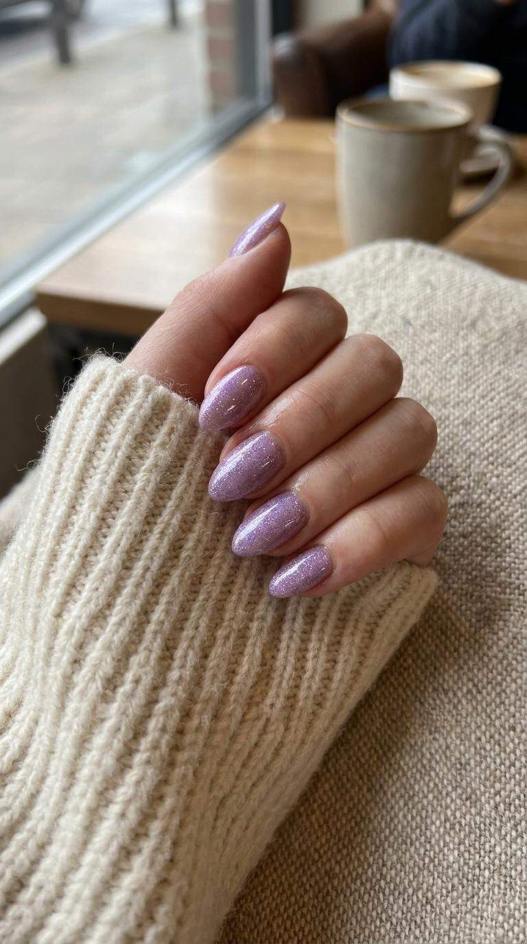 Lilac Glitter Almond Nails