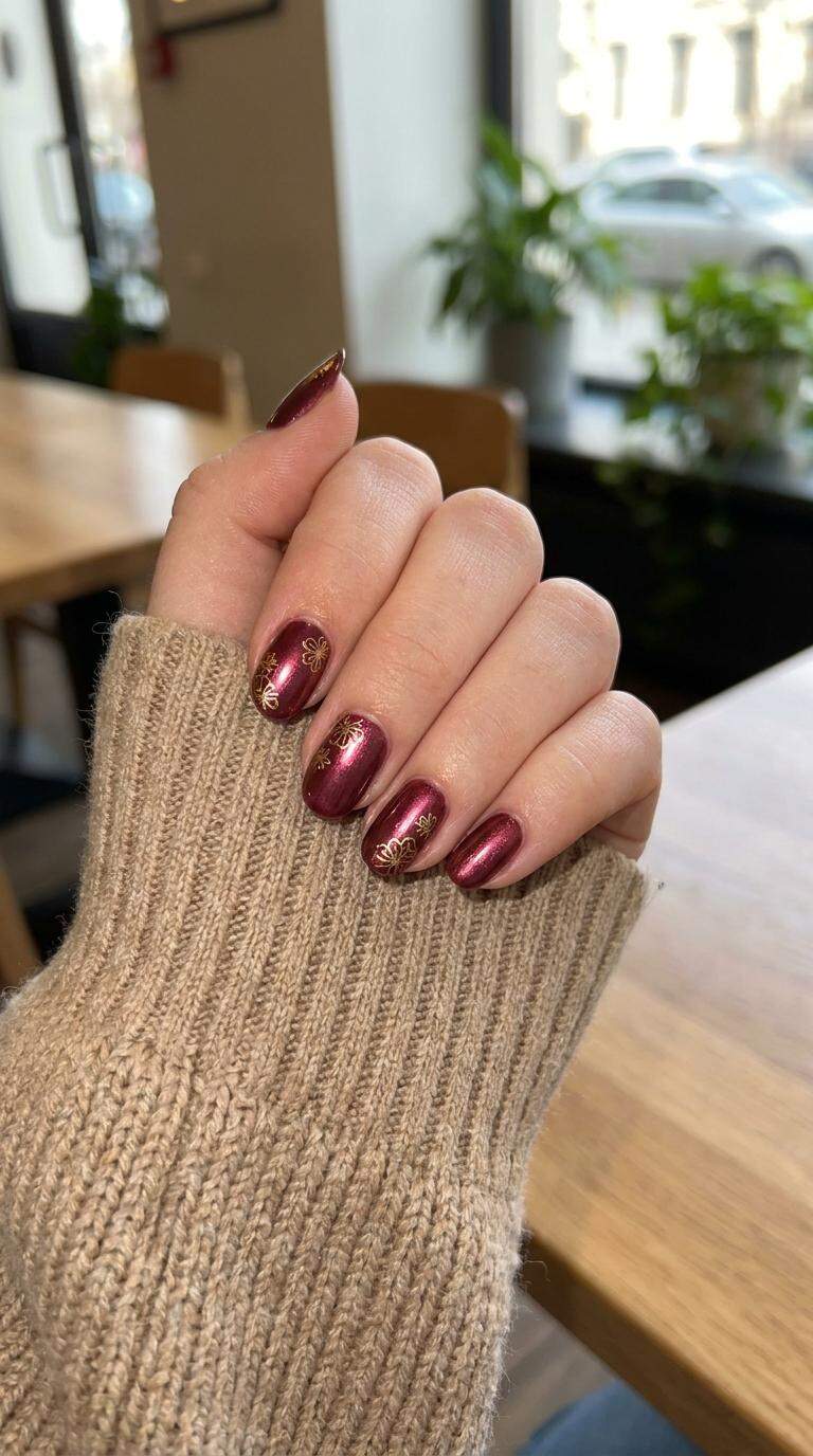 Metallic Burgundy Floral Nails