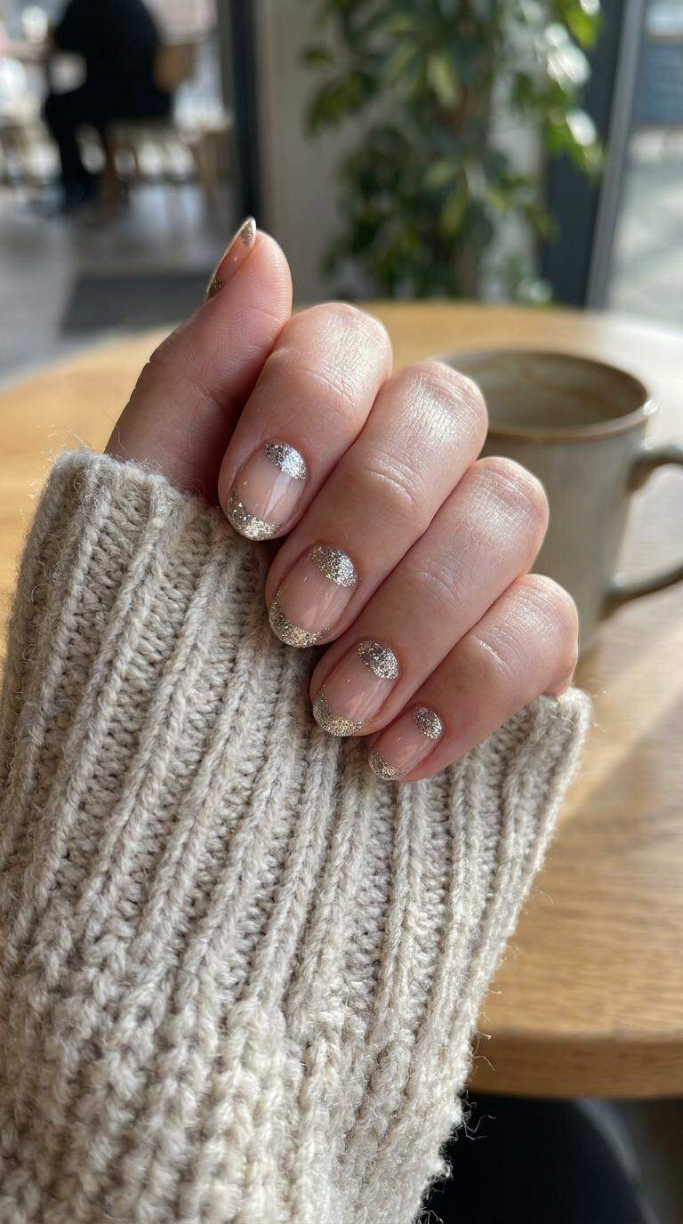 Metallic Glitter Half Moon Nails