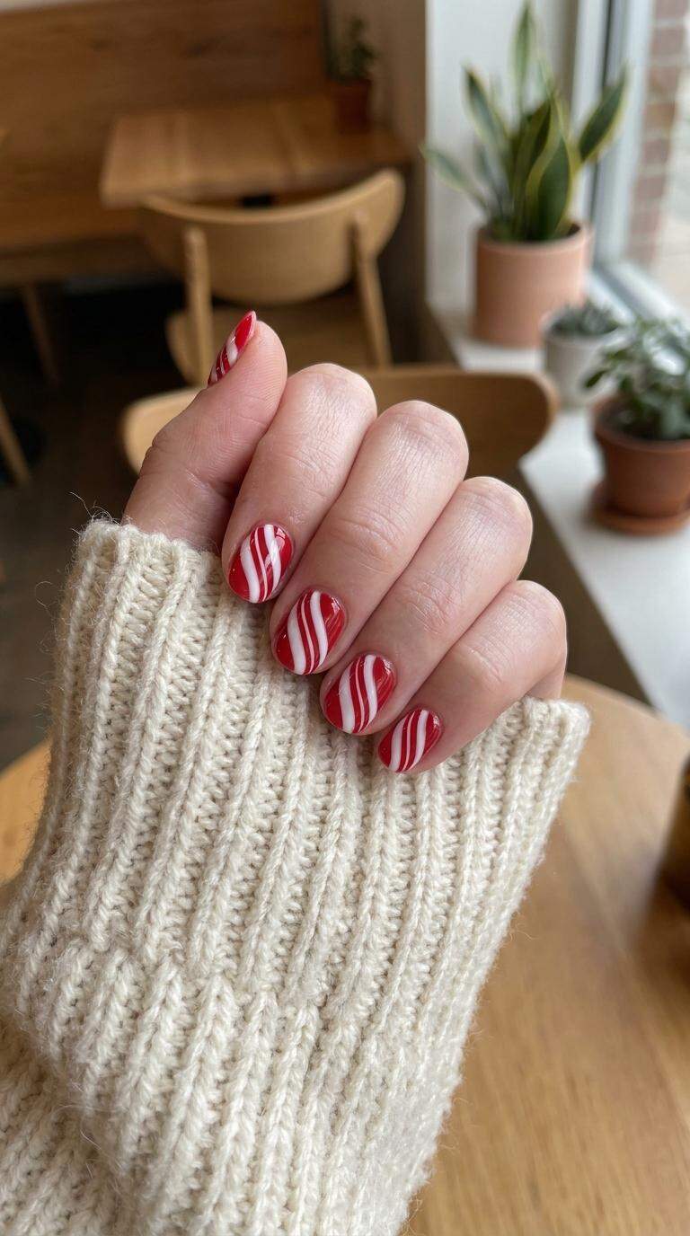 Red and White Striped Nails
