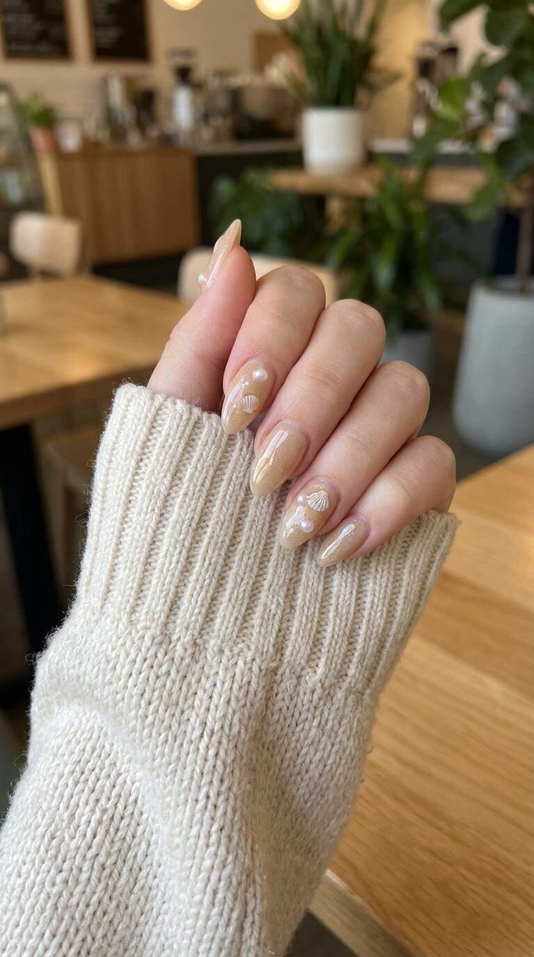 Seashell Accented Almond Nails