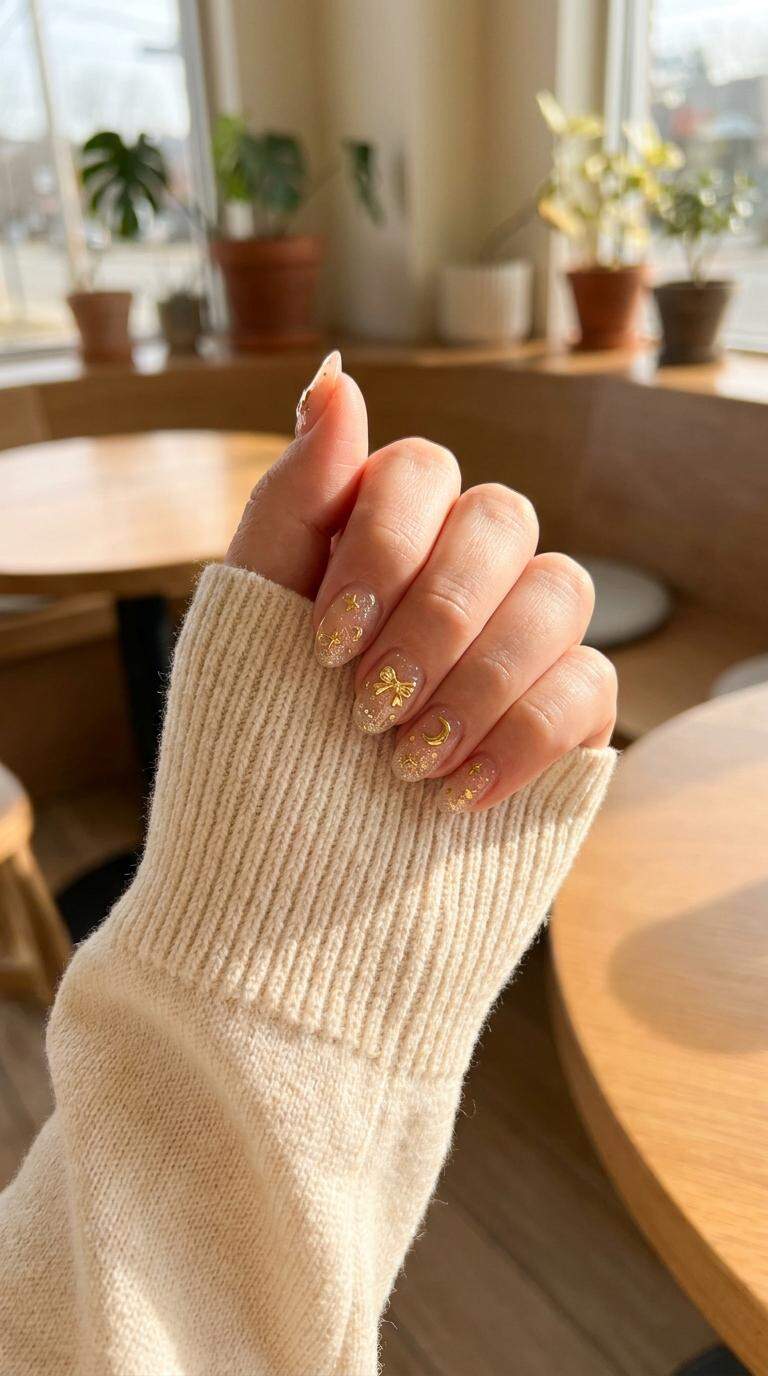 Sparkling Gold Charm Nail Set