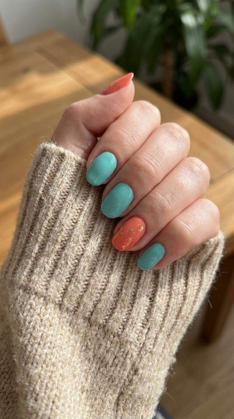 Turquoise and Coral Accent Nails