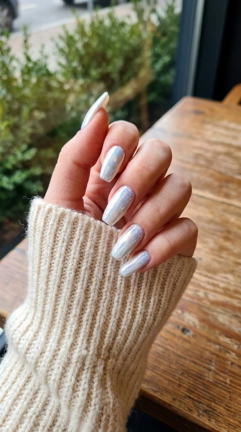 White and Blue Holographic Nails