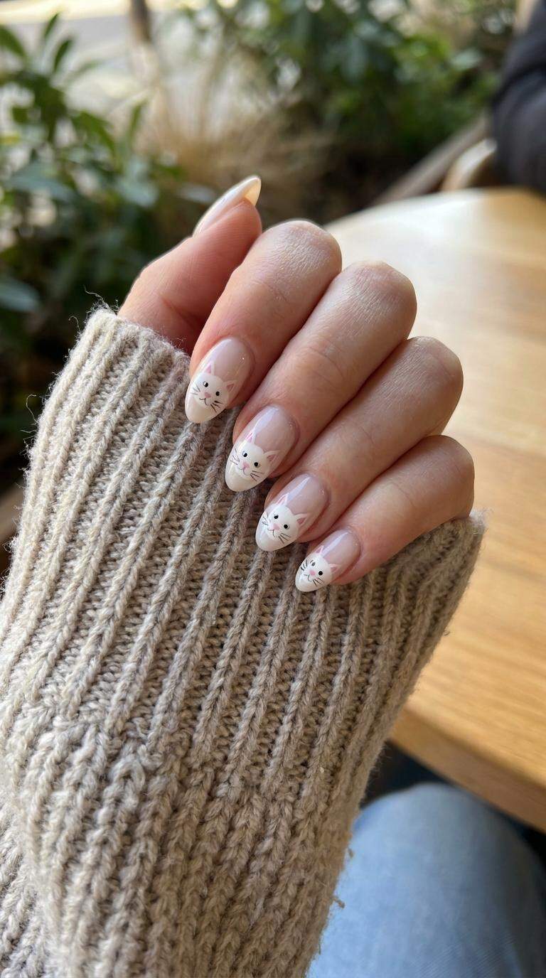 White Cat Face Nail Art