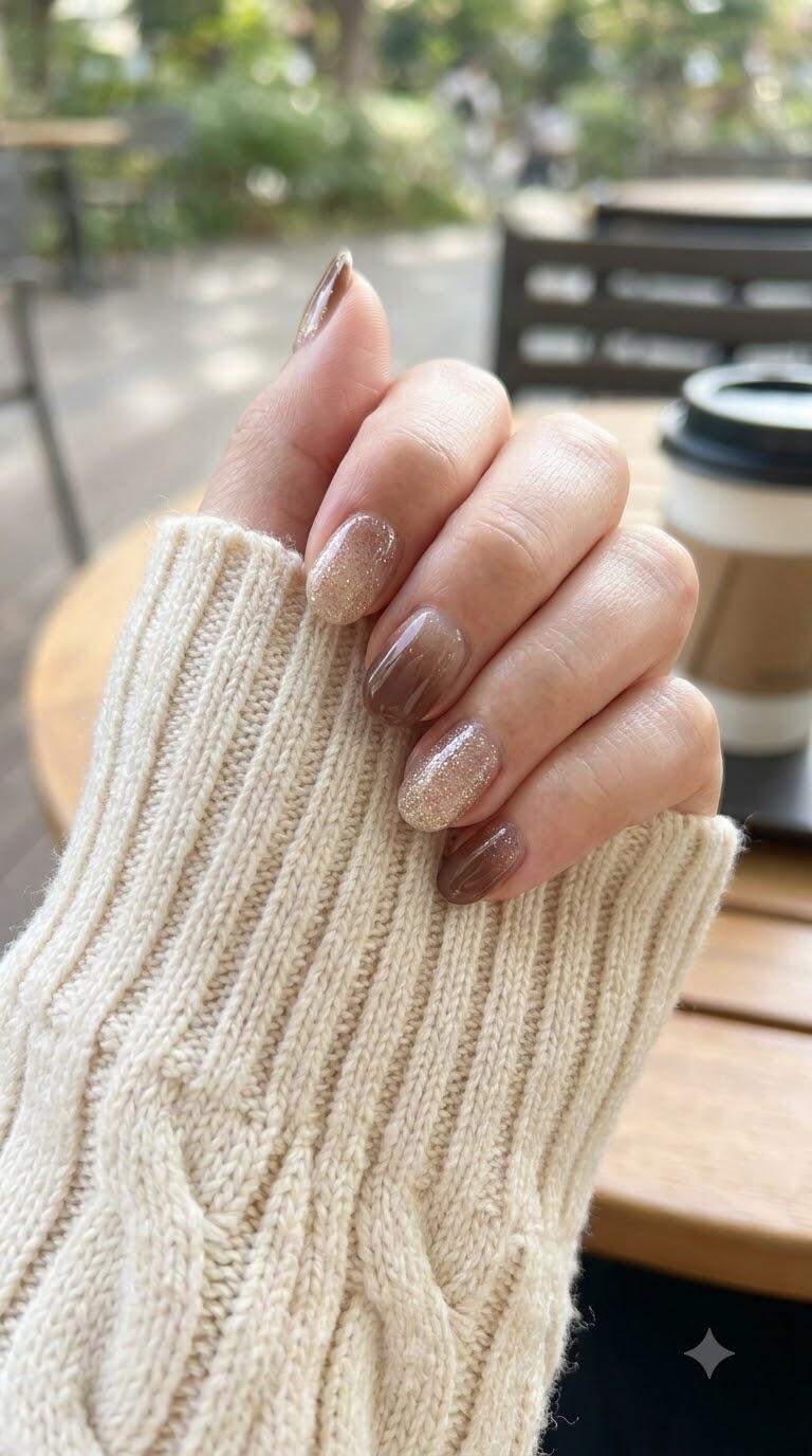 Brown and Beige Glitter Nails