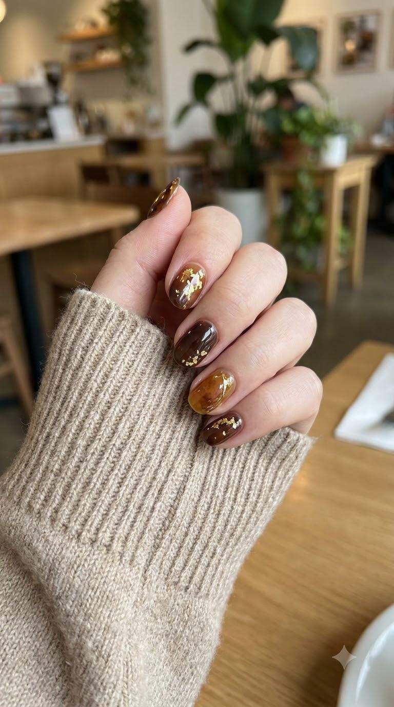 Brown and Gold Leaf Nails