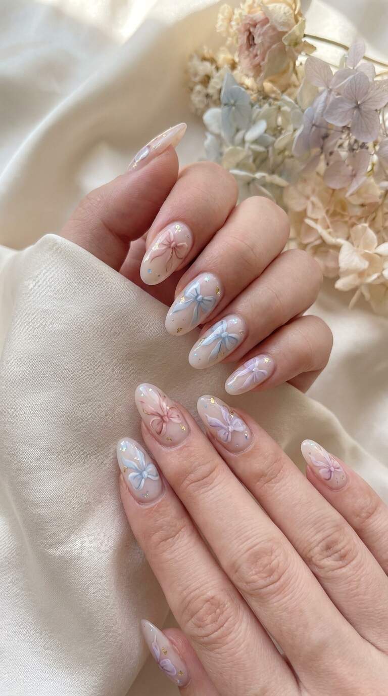 Delicate Watercolor Bow Nail Art