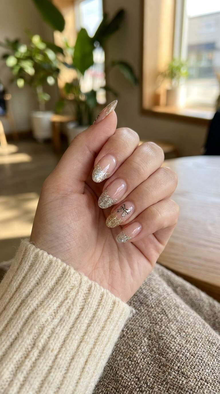 Glittery Bow Nailed Tips