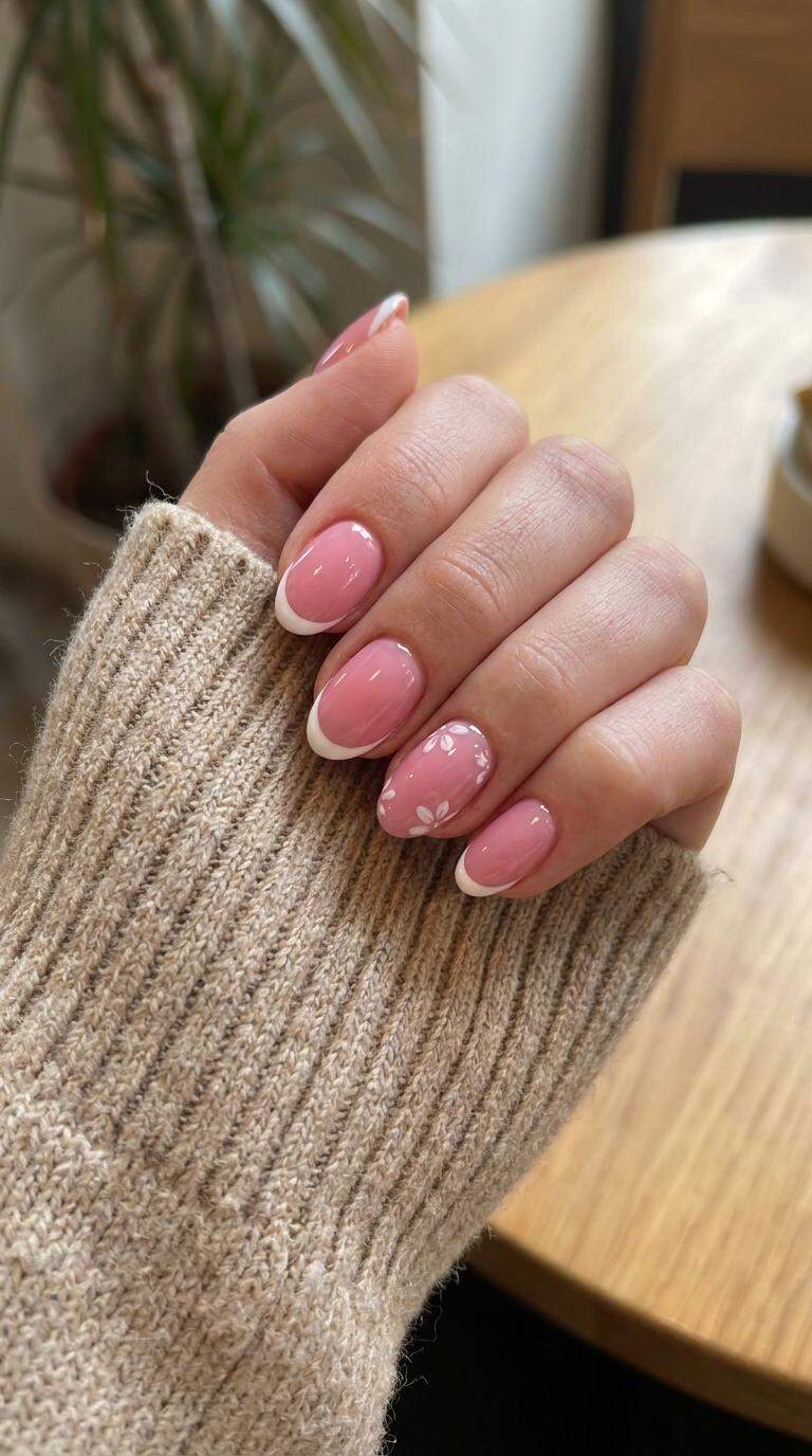 Glossy Pink Nails with White