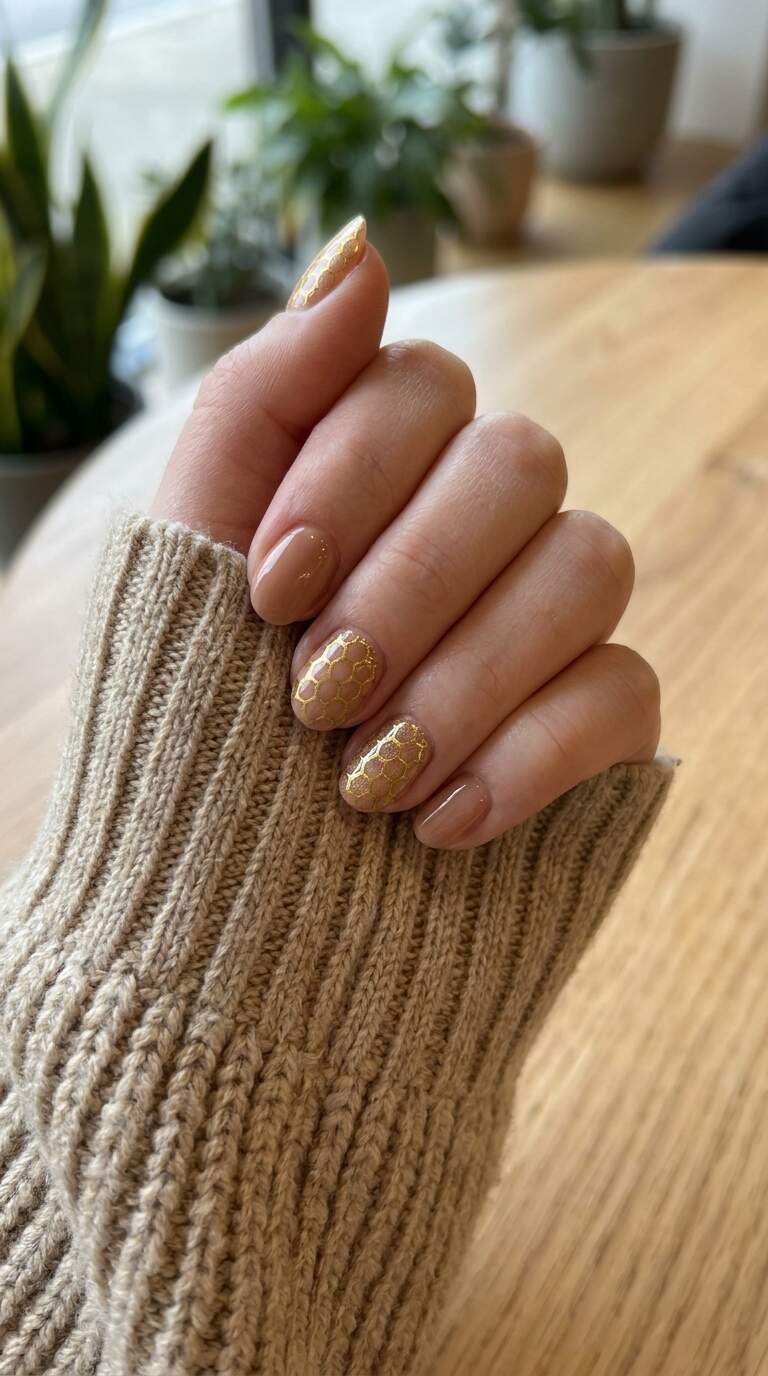 Golden Honeycomb Accent Nails