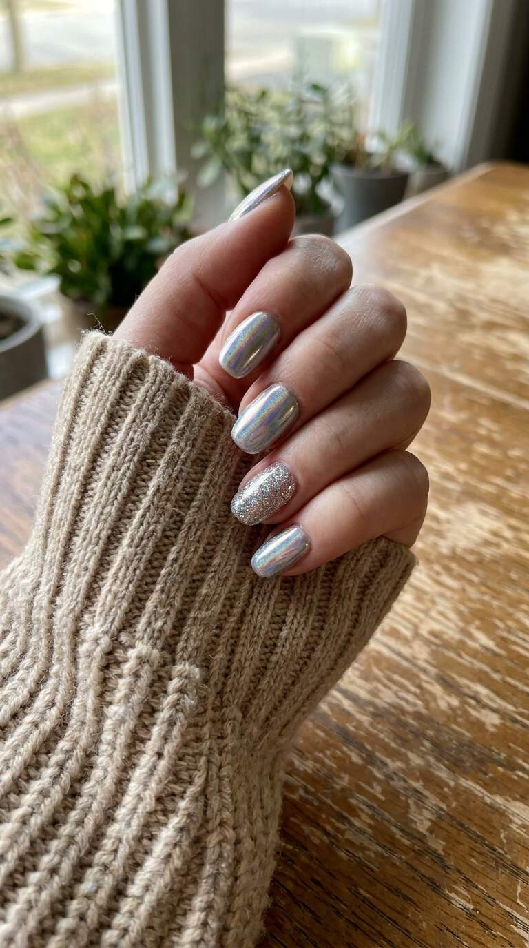 Holographic Chrome Glitter Accent Nails