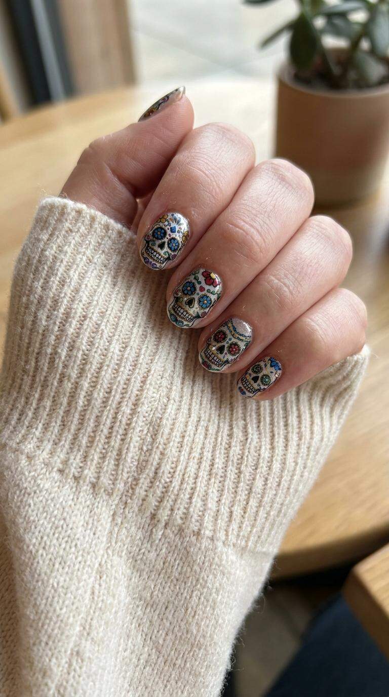 Intricate Sugar Skull Nail Art