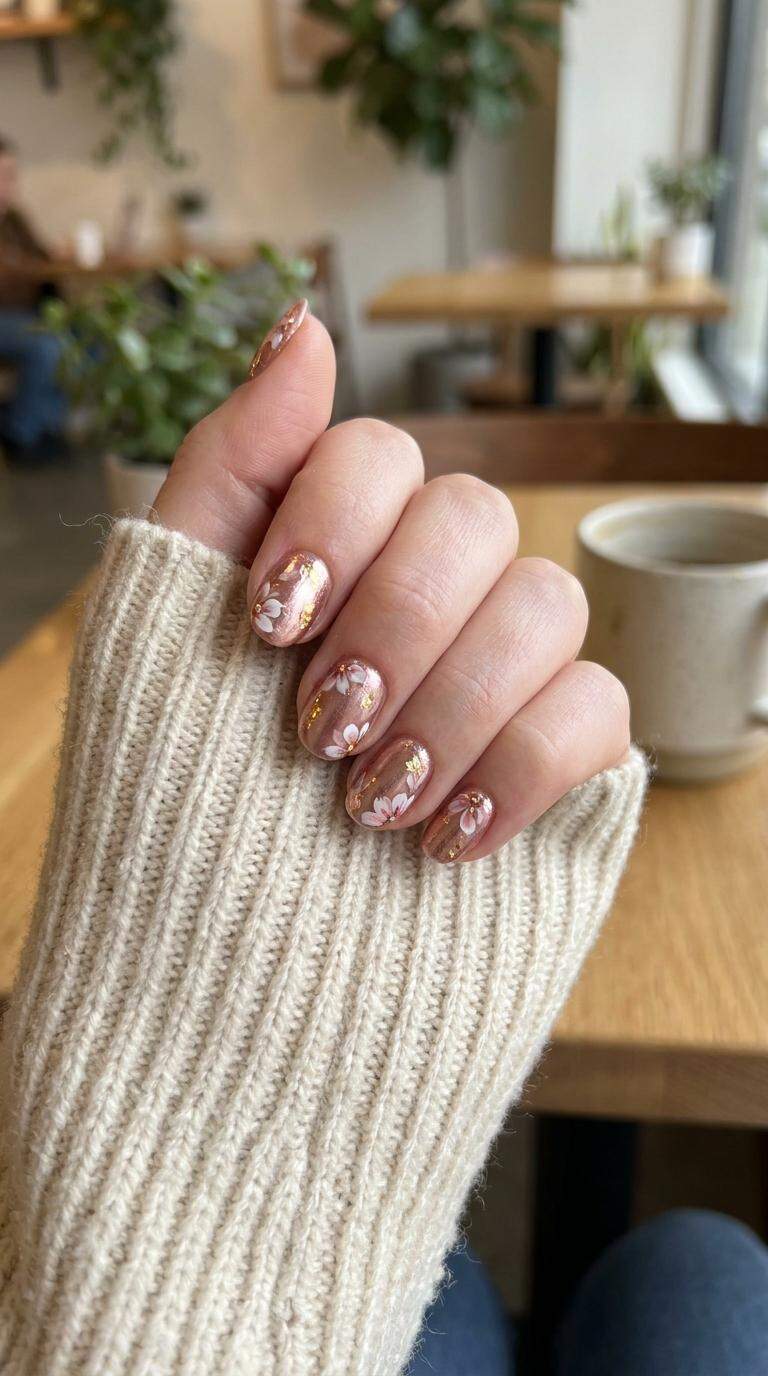 Rose Gold Floral Nails