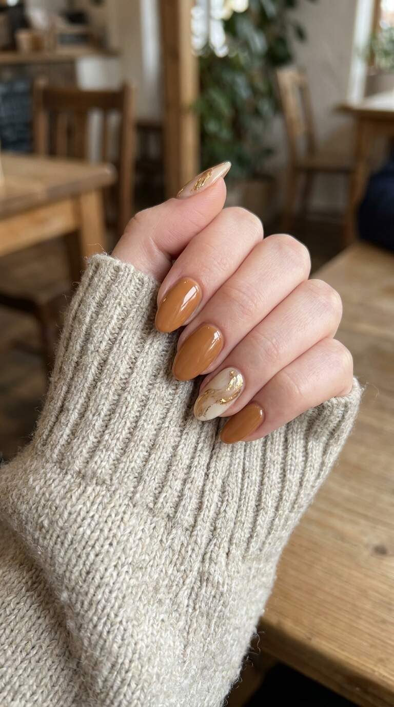 Warm Caramel Accent Nails