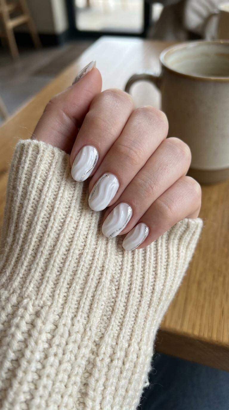 White Ripple Nails with Silver