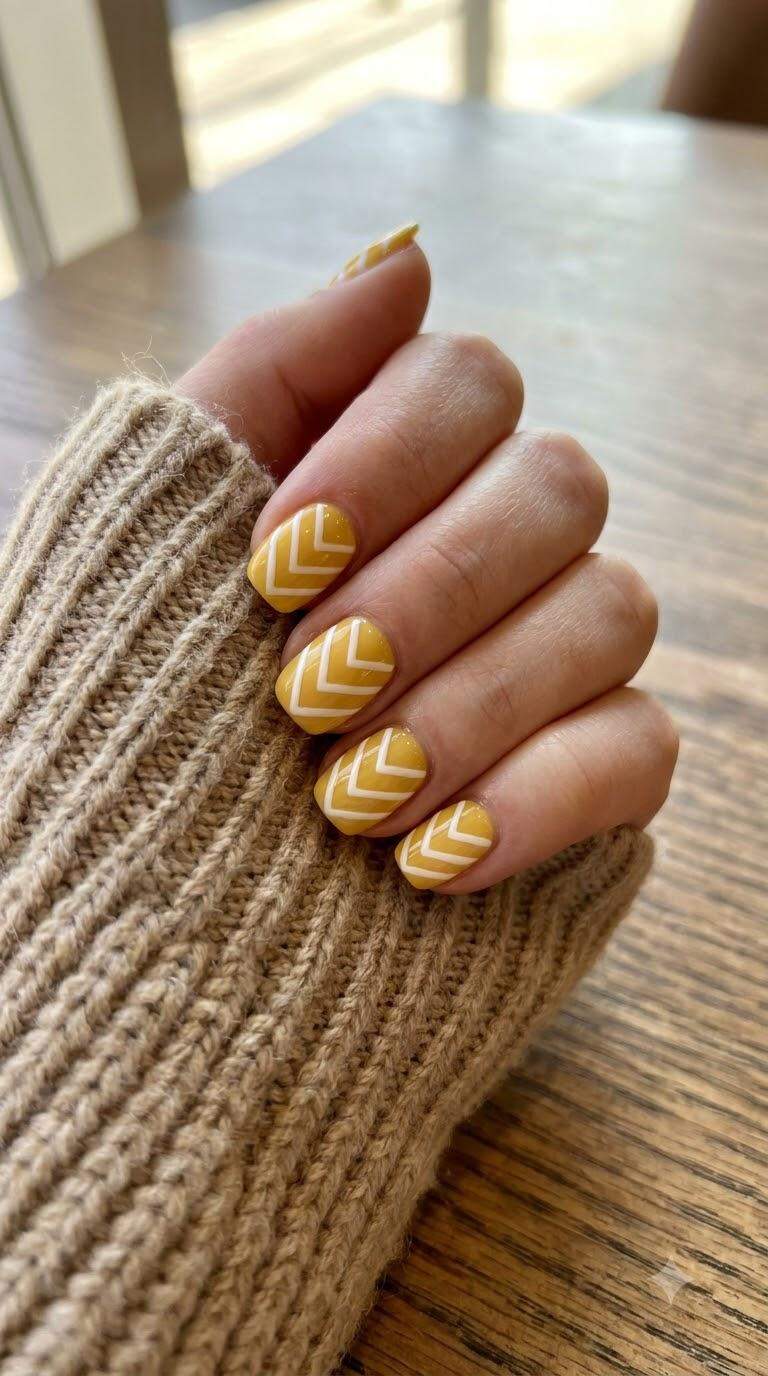Chevron Striped Yellow Gel Nails