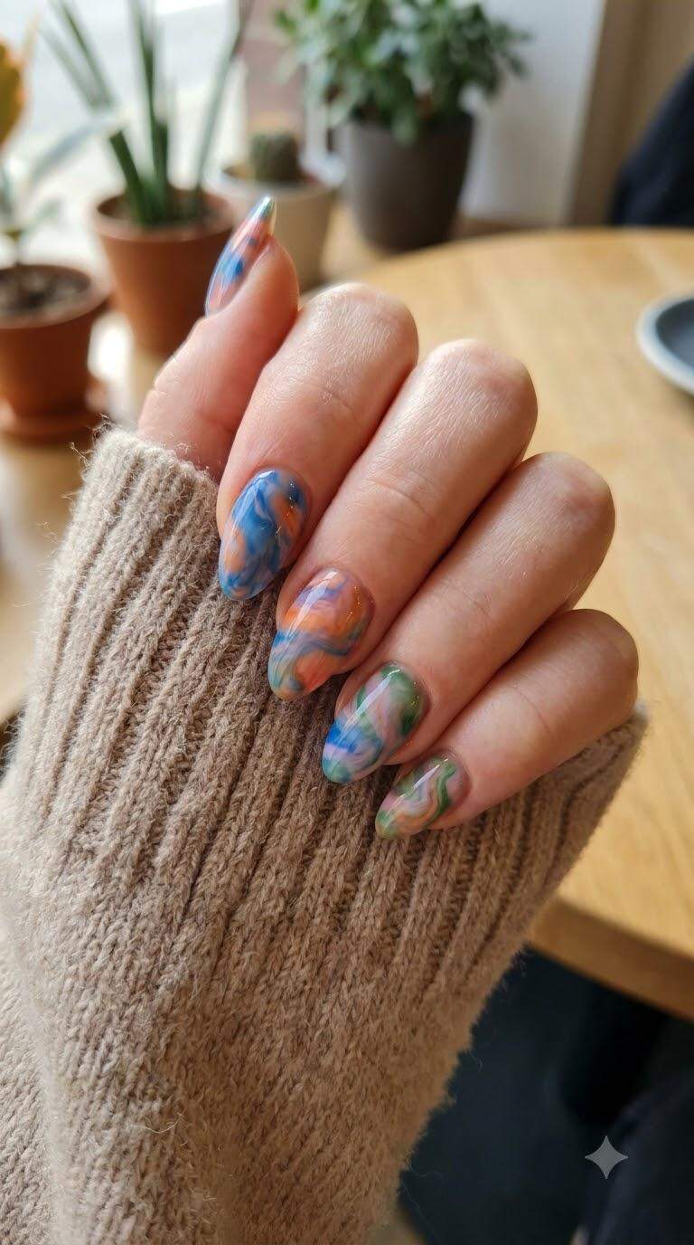Colorful Swirl Patterned Almond Nails