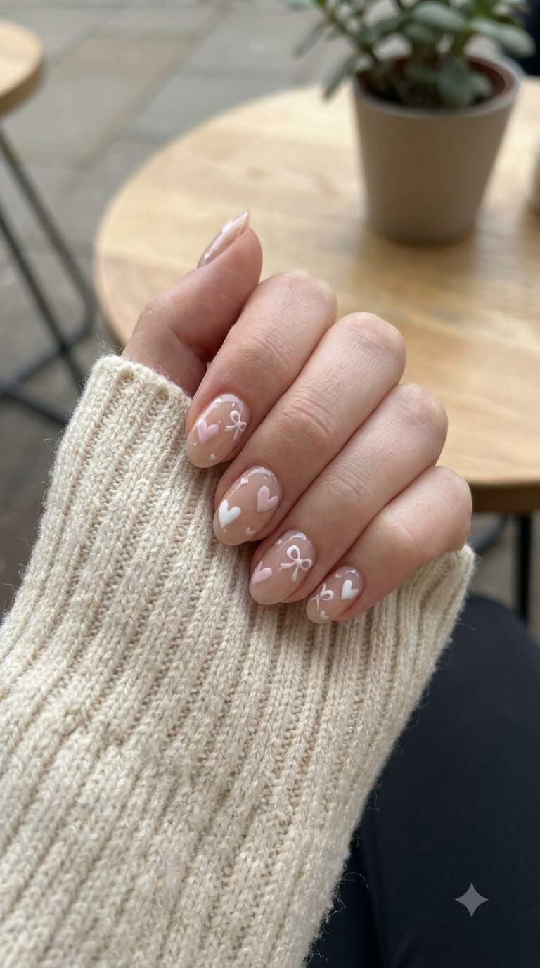 Delicate Heart and Bow Nail