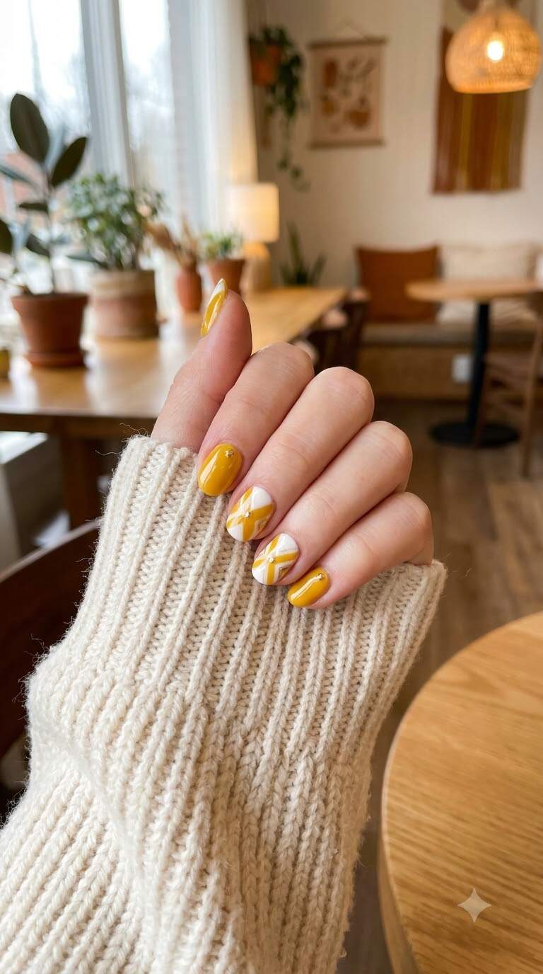 Festive Yellow and White Nail