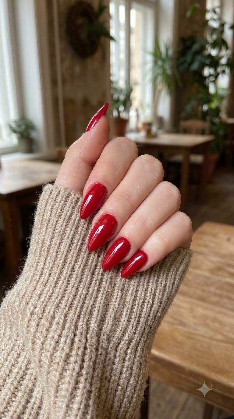 Glossy Red Stiletto Almond Nails