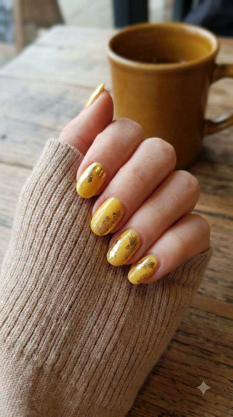 Gold Foil Yellow Nails with