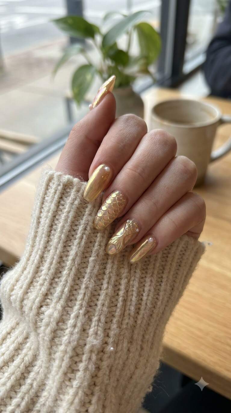 Golden Mermaid Tail Nails