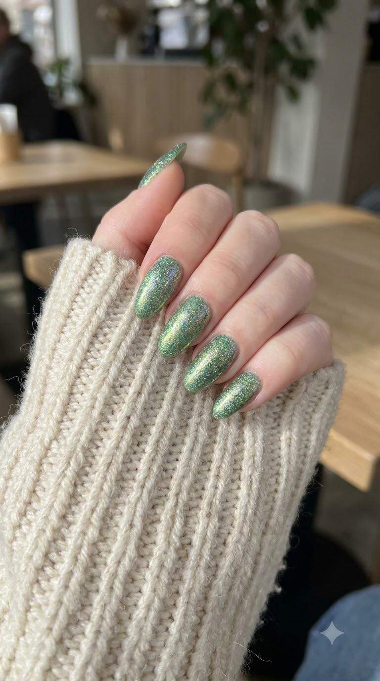 Iridescent Green Glitter Almond Nails