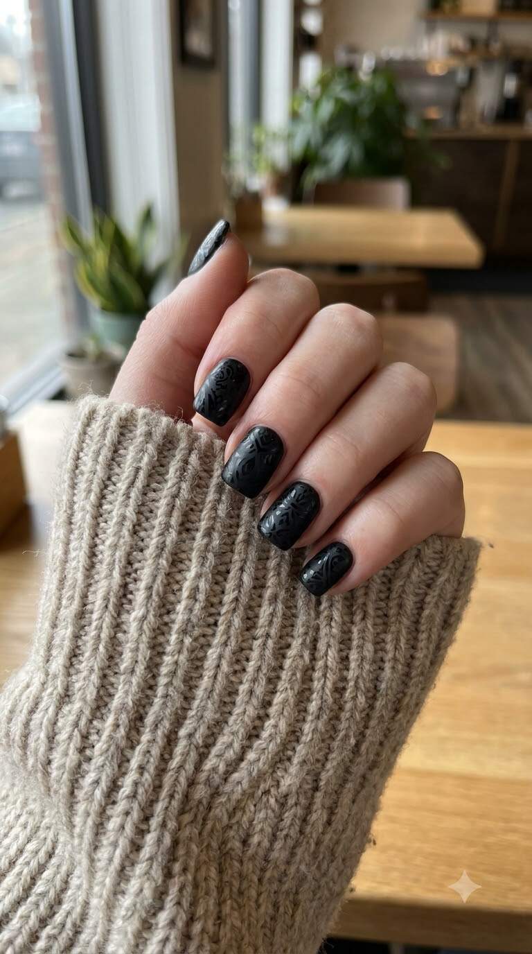 Matte Black Gel Nail Stamping