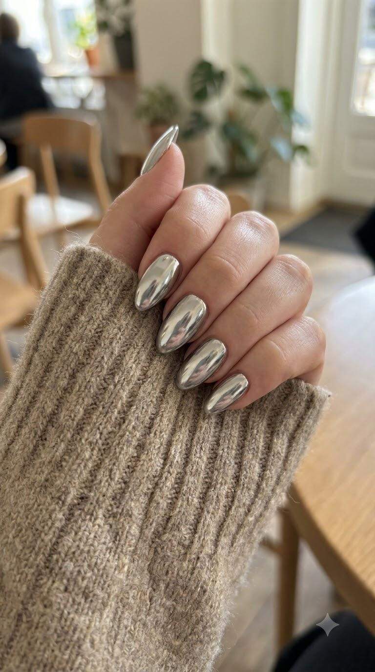 Metallic Silver Chrome Almond Nails